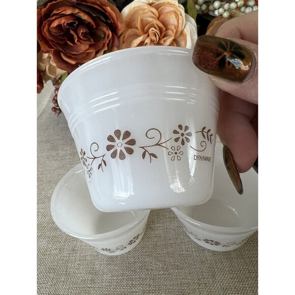 Set of 5 Vintage Dynaware Pyr-O-Rey Custard Cups - Brown Daisy Flower Pattern - Picture 6 of 6